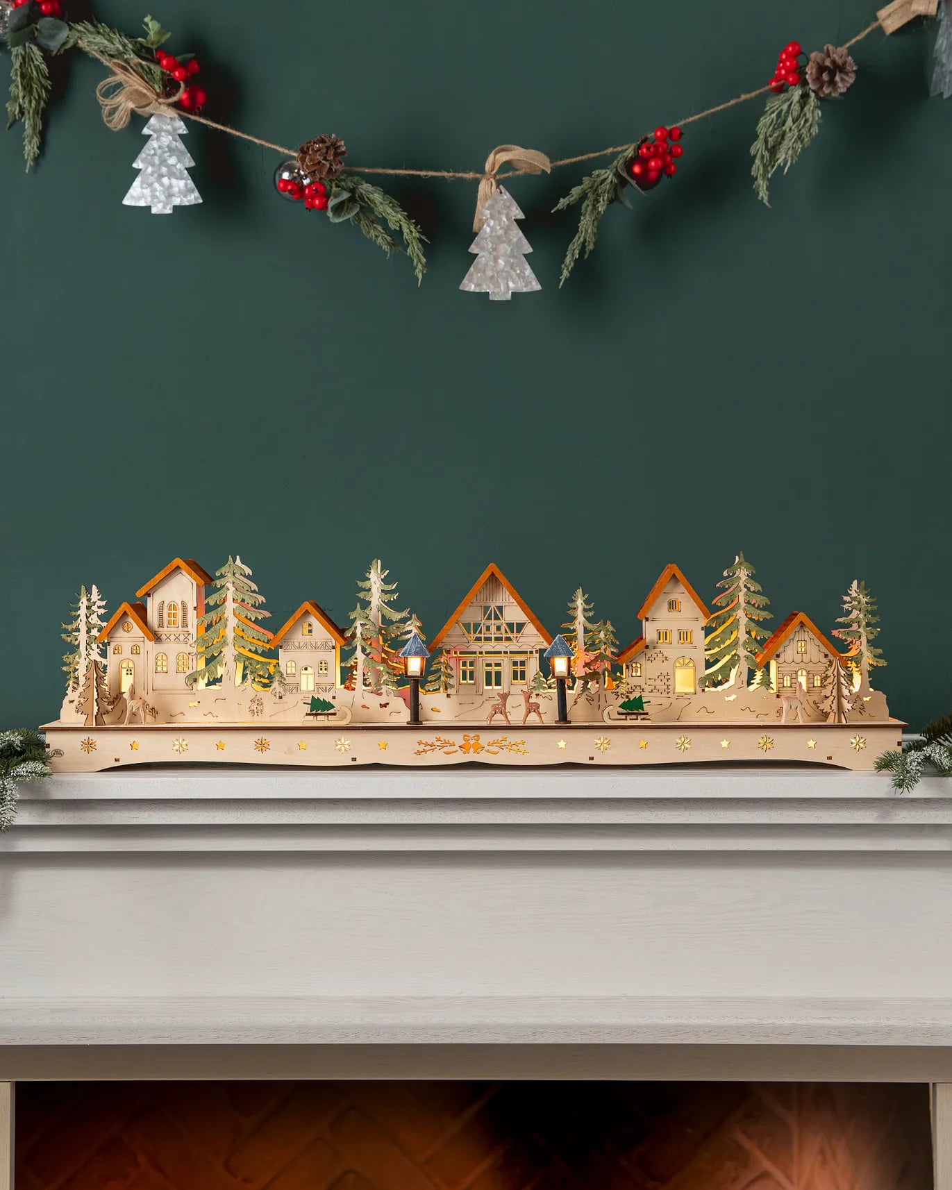 Lit Wooden Christmas Mantel Villages
